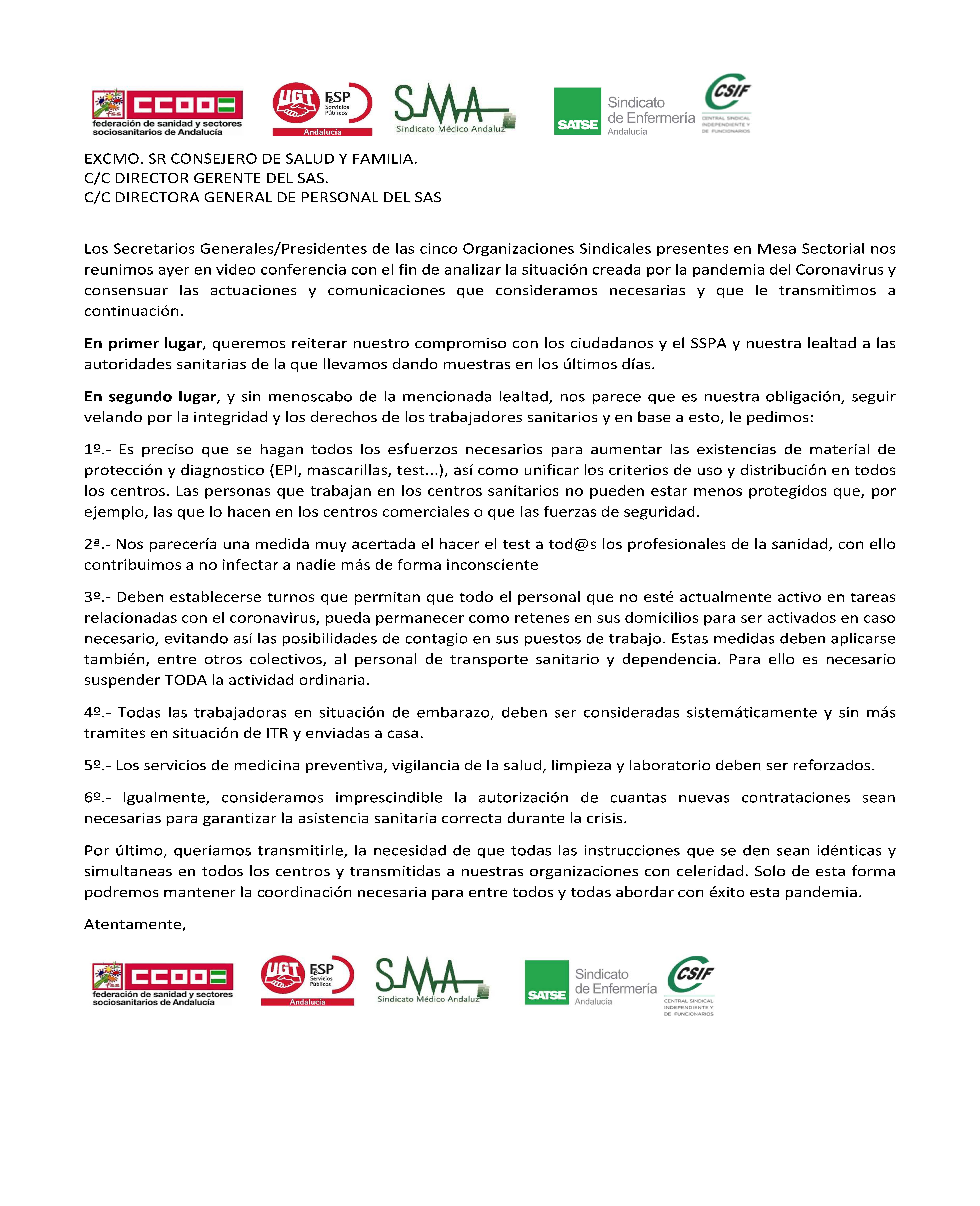 Escrito Organizaciones Sindicales Andalucia Covid19